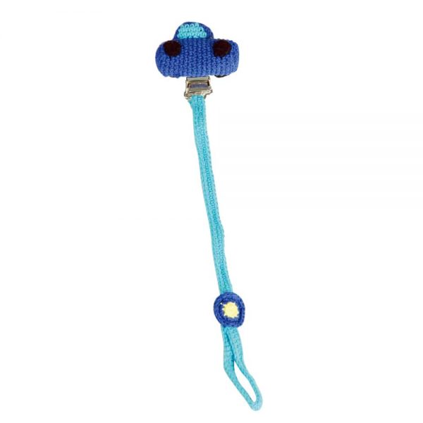 Gehäkelter Schnullerhalter mit Auto (blau)