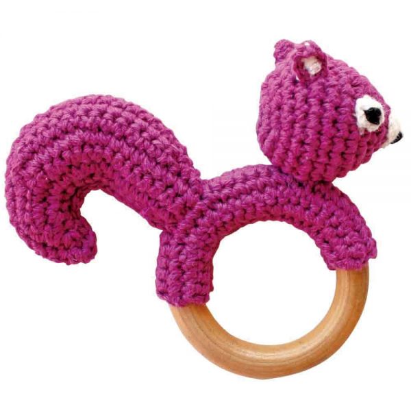 Greifling Holzring Mädchen Eichhörnchen violett gehäkelt