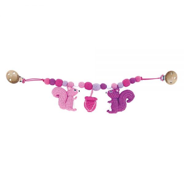 Kinderwagenkette Stoff Mädchen Eichhörnchen rosa gehäkelt