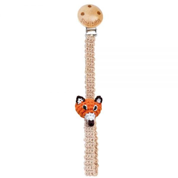 Gehäkelter Schnullerhalter (orange) mit Fuchs & Silikonring