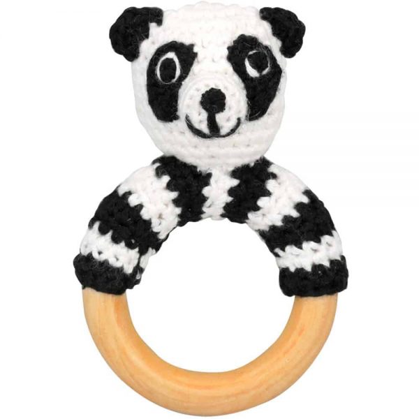 Panda-Rassel auf Greifring aus Holz (schwarz-weiß)