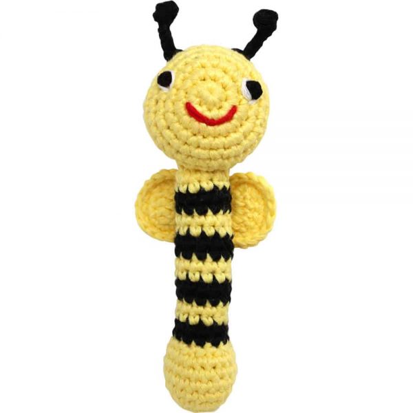 Gehäkelte Baby-Stabrassel (gelb) mit Bienen-Motiv