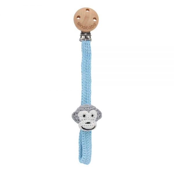 Gehäkelter Affen-Schnullerhalter mit Holz-Clip & Silikonring (blau/grau)