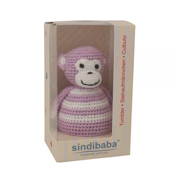 Stehaufmännchen Baby gehäkelt, Affe CHARLIE in rosa, 12263, mit Klarsicht-Geschenkverpackung