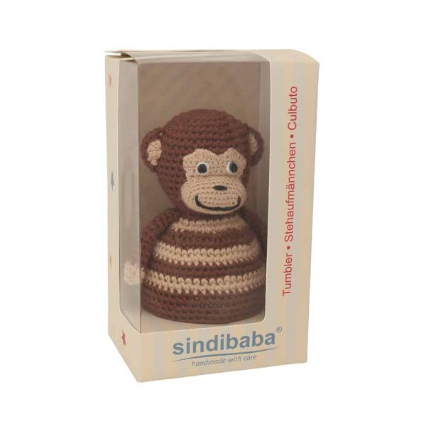 Stehaufmännchen Baby gehäkelt, Affe CHARLIE in braun, 12264, mit Klarsicht-Geschenkverpackung