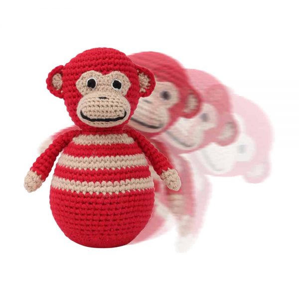 Stehaufmännchen Baby gehäkelt, Affe CHARLIE in rot, 12265, in Bewegung