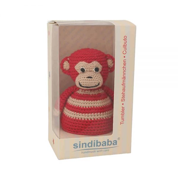 Stehaufmännchen Baby gehäkelt, Affe CHARLIE in rot, 12265, mit Klarsicht-Geschenkverpackung