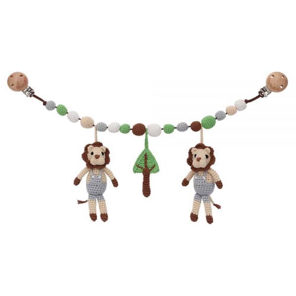 Gehäkelte Rassel-Kinderwagenkette mit 2 Löwen und Baum