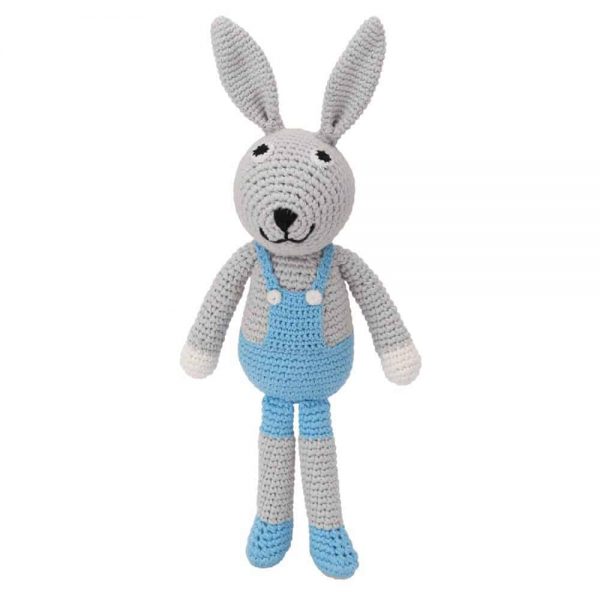 Gehäkeltes Hasen-Kuscheltier mit Rassel (blau)