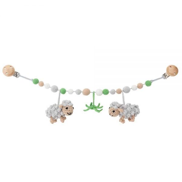 Gehäkelte Kinderwagenkette mit 2 Schafen (grau) & Gras