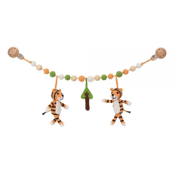 Gehäkelte Kinderwagenkette mit 2 Tigern im Safari-Look