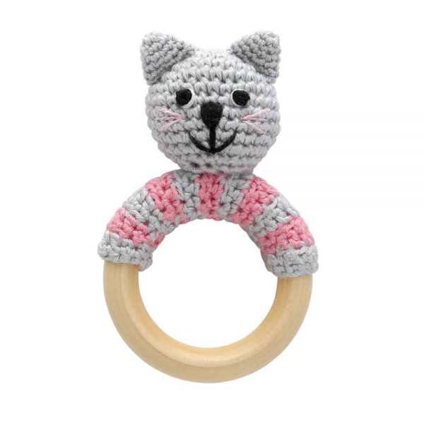 Häkel-Rassel auf Greifring aus Holz  Katze KITTY (grau-rosa)