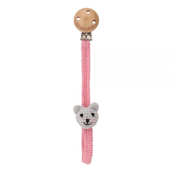 Gehäkelter Schnullerhalter mit Katze KITTY (grau-rosa)