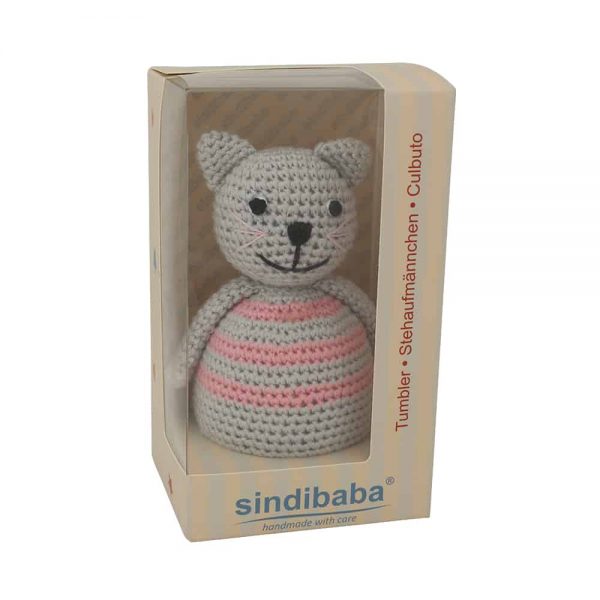 Stehaufmännchen Baby gehäkelt, Katze KITTY in rosa, 12310, mit Klarsicht-Geschenkverpackung
