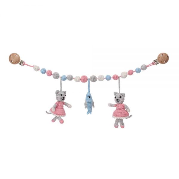 Gehäkelte Kinderwagenkette mit 2 Katzen KITTY (grau-rosa) & Fisch