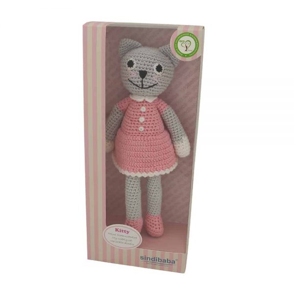 Gehäkeltes KATZE KITTY -Kuscheltier (grau-rose) mit Rassel