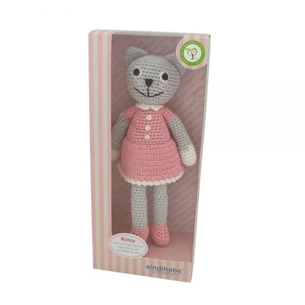 Gehäkeltes KATZE KITTY -Kuscheltier (grau-rose) mit Rassel