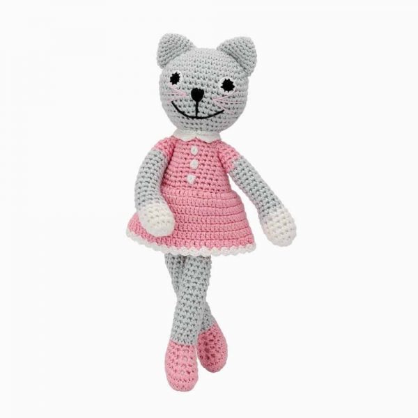 Gehäkeltes KATZE KITTY -Kuscheltier (grau-rose) mit Rassel