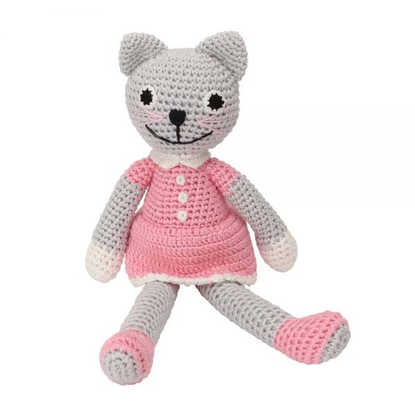 Gehäkeltes KATZE KITTY -Kuscheltier (grau-rose) mit Rassel