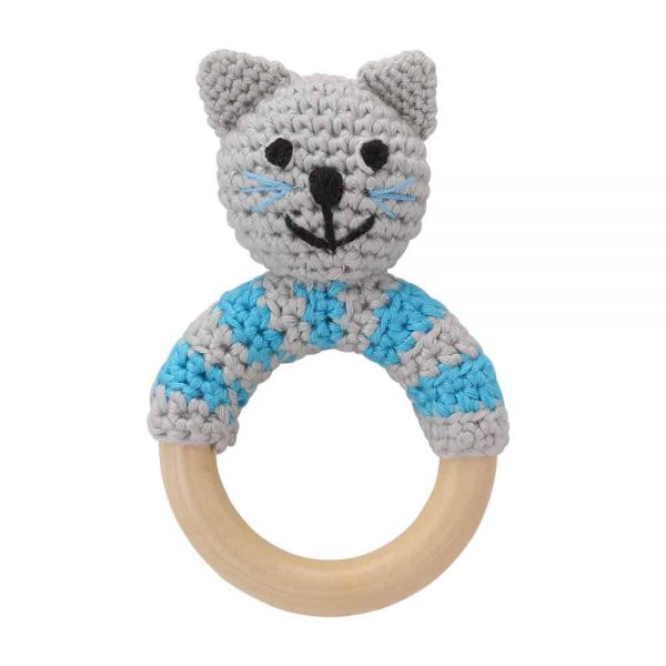 Häkel-Rassel mit Greifring aus Holz, Kater FELIX (grau-blau)