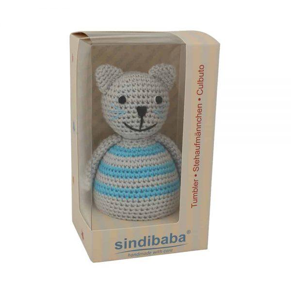 Stehaufmännchen Baby gehäkelt, Katze KITTY in blau, 12316, mit Klarsicht-Geschenkverpackung