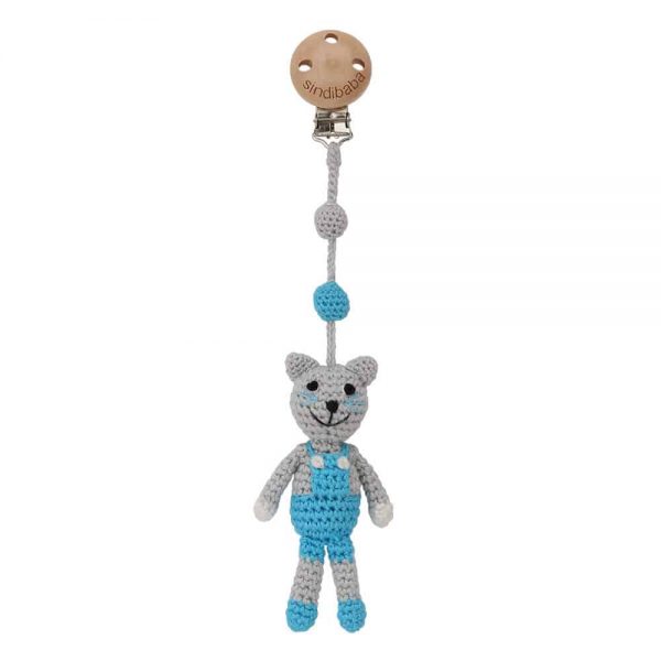 Gehäkelter Kinderwagen-Anhänger mit Katze FELIX (grau-blau) & Rassel