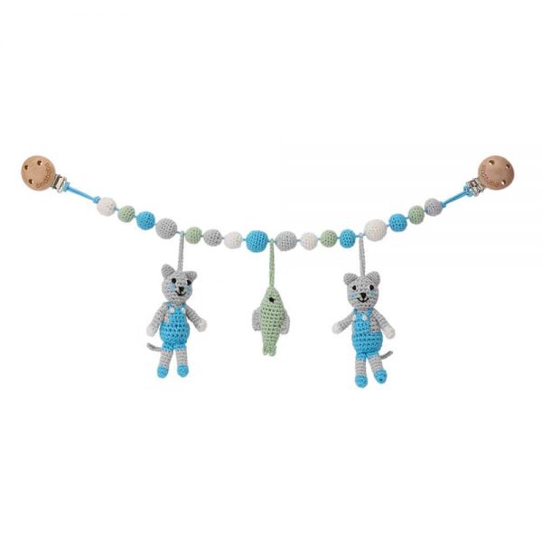 Gehäkelte Kinderwagenkette mit 2 Katzen FELIX (blau) & Fisch