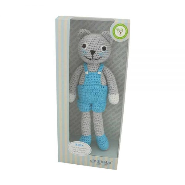 Gehäkelter KATER FELIX (blau/grau) Kuscheltier mit Rassel