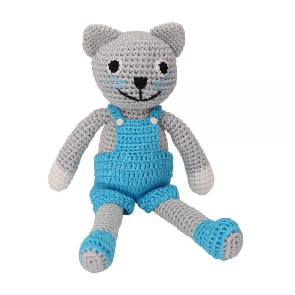 Gehäkelter KATER FELIX (blau/grau) Kuscheltier mit Rassel