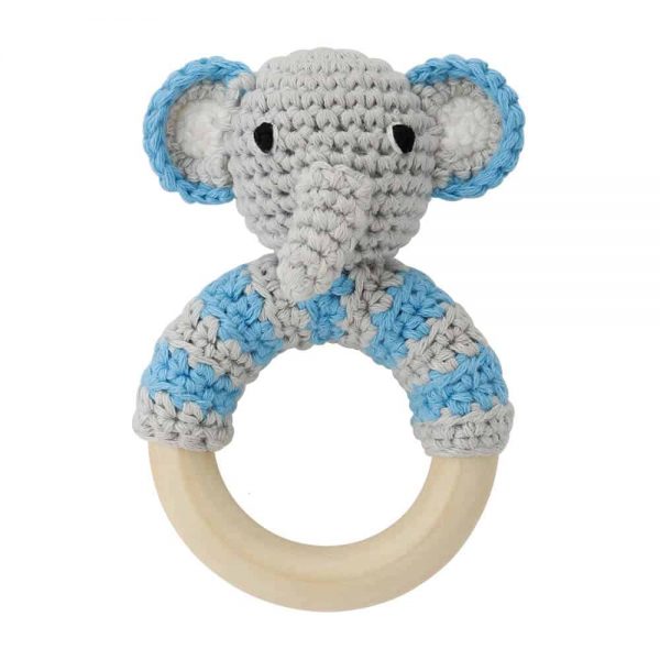 Häkel-Elefant (blau) mit Rassel auf Greifring aus Holz