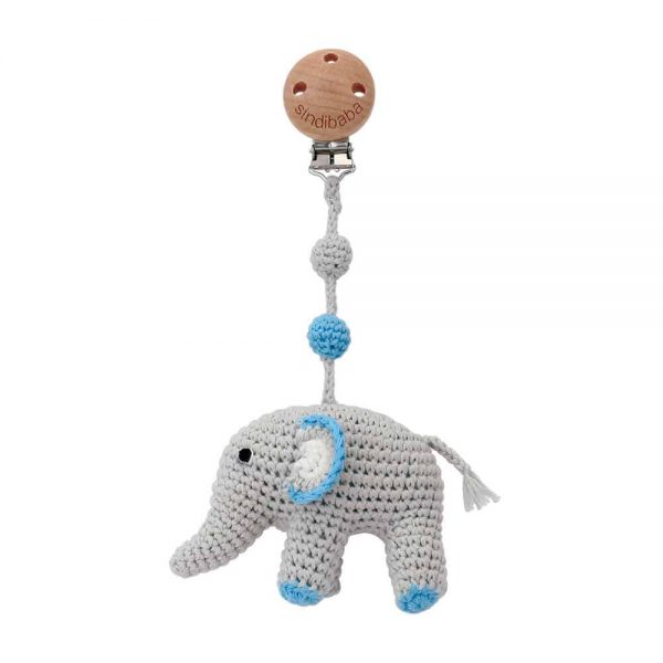 Gehäkelter Kinderwagen-Anhänger mit  Elefant JUMBO & Rassel