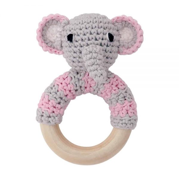 Häkel-Elefant (rosa) mit Rassel auf Greifring aus Holz