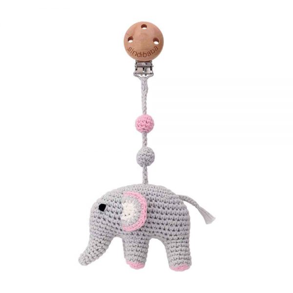 Gehäkelter Kinderwagen-Anhänger mit  Elefant JUMBA & Rassel