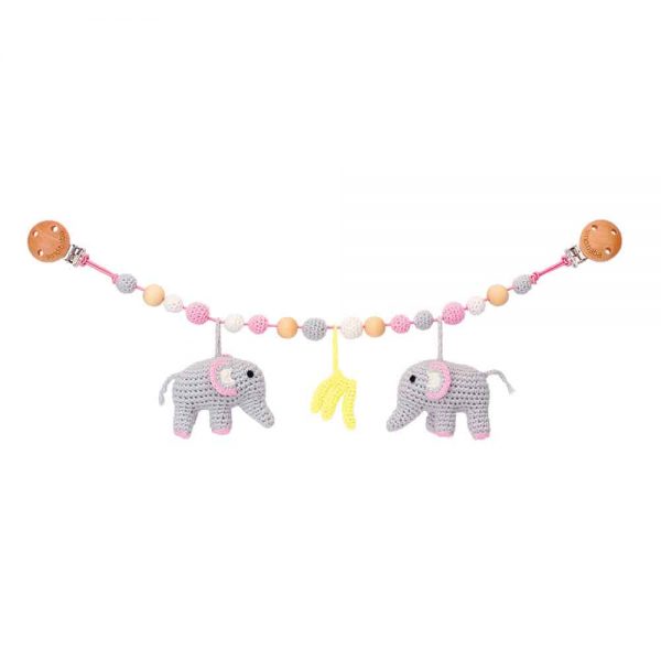 Gehäkelte Kinderwagenkette mit 2 Elefanten & Bananen (Rosa)