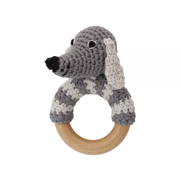 Gehäkelter Schnullerhalter mit Hund LUCKY (grau)
