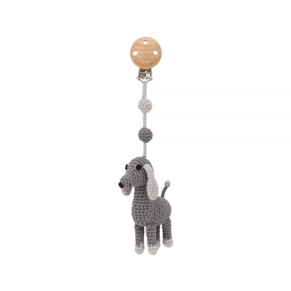 Gehäkelter Schnullerhalter mit Hund LUCKY (grau)
