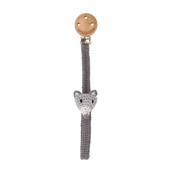 Gehäkelter Schnullerhalter mit Fuchs-Motiv (grau)