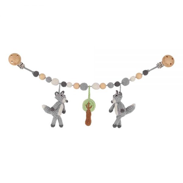 Gehäkelte Kinderwagenkette mit 2 Füchsen & Gans (weiss-grau)