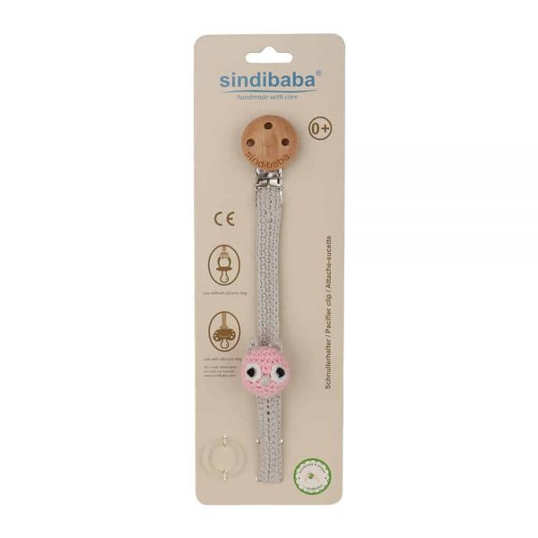 Gehäkelter Schnullerhalter mit Eule LUNO (rosa) in Verpackung