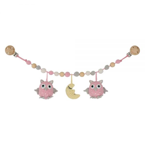 Gehäkelte Kinderwagenkette mit 2 Eulen (rosa) & Mond