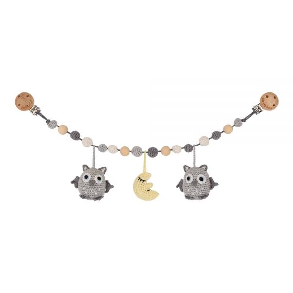 Gehäkelte Kinderwagenkette mit 2 Eulen (grau) & Mond