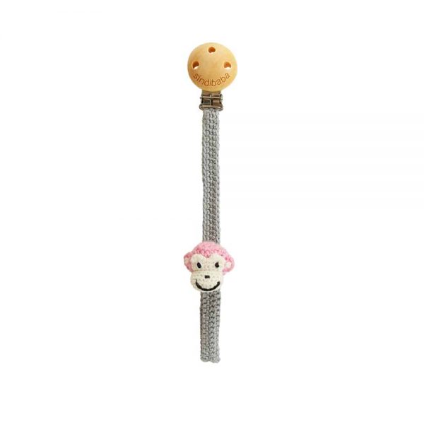 Gehäkelter Affen-Schnullerhalter (rosa) mit Holz-Clip