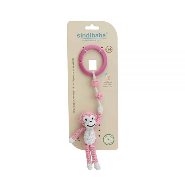 Kinderwagen-Anhänger mit gehäkeltem Affen (rosa)