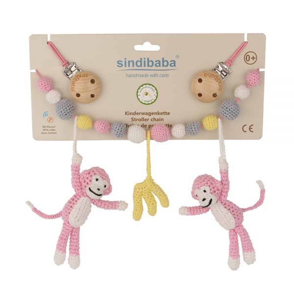 Gehäkelte Kinderwagenkette mit Affen & Bananen (hellrosa, Rasselgeräusch)