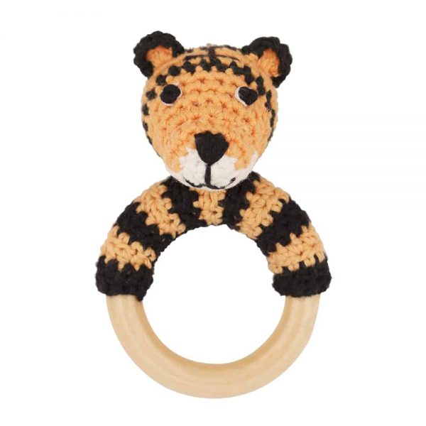 Gehäkelte Rassel mit Tiger TONI u. Greifring aus Holz