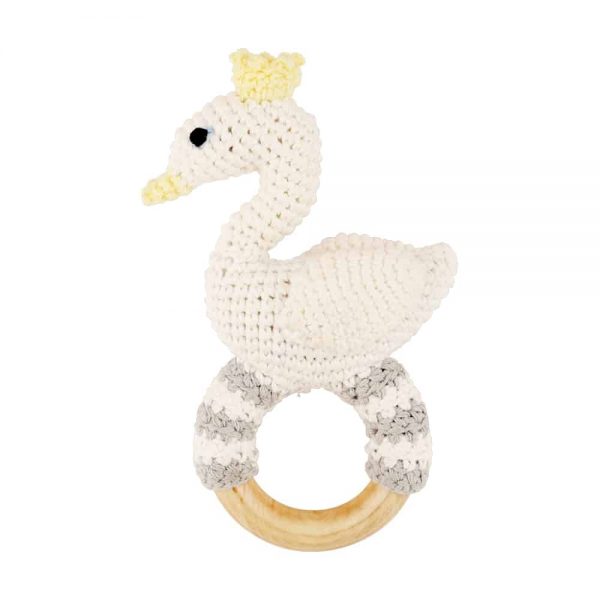 Häkel-Rassel BIANCA der Schwan (weiss), mit Holzgreifring