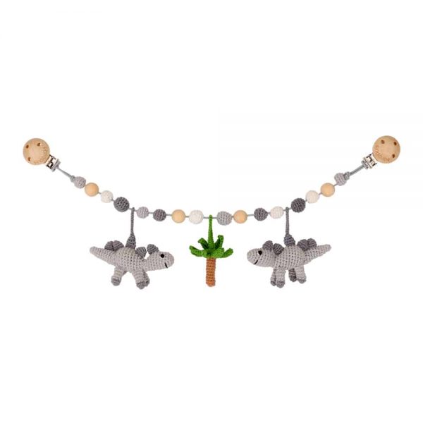 Gehäkelte Kinderwagenkette mit Dinosauriern (hellgrau, Rasselgeräusch)