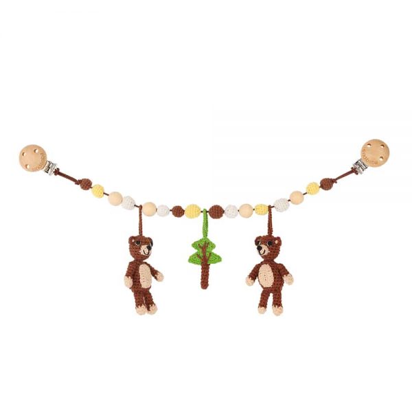 Gehäkelte Kinderwagenkette mit 3 Bären (Bio-Baumwolle)