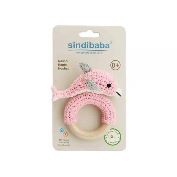 Gehäkelte Kinderwagenkette mit Delfinen & Ball (blau, Rasselgeräusch)