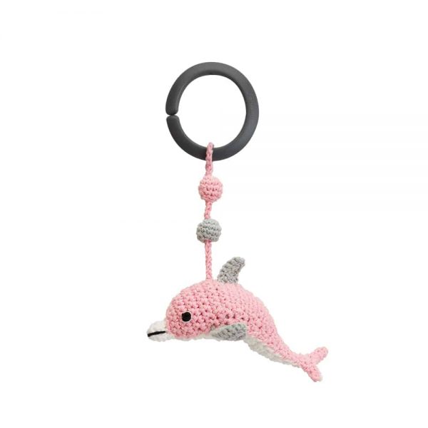 Gehäkelte Kinderwagenkette mit Delfinen & Ball (blau, Rasselgeräusch)